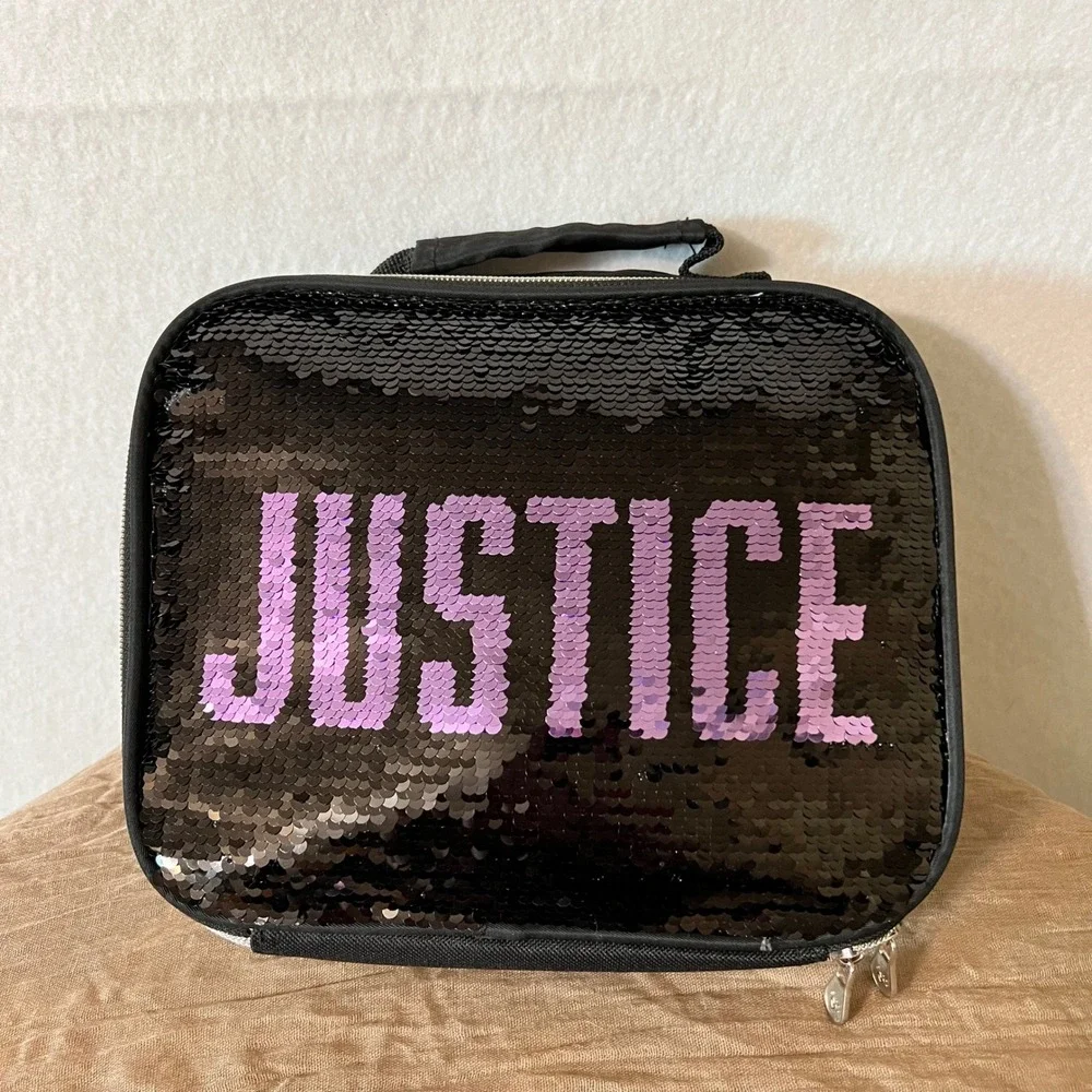 Justice Girls Black Purple Flip Sequin Insulated Lunch Box Bag Sparkle